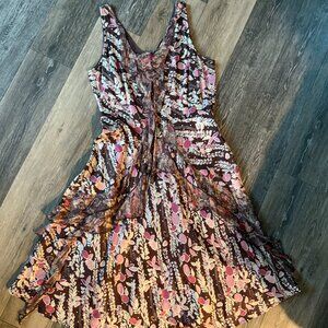 Flowing, Ruffled, Silk Sundance Dress, Lined, Size 8, brown, cream and pink